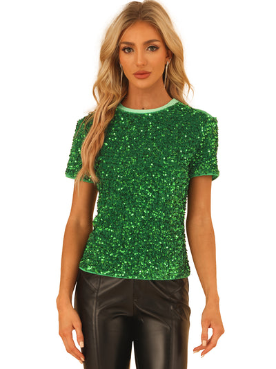 Glitter Sequin Velvet Crew Neck Short Sleeve Party Clubwear Blouse