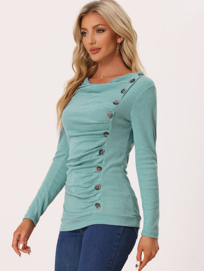 Cowl Neck Long Sleeve Button Decor Ruched Tunic
