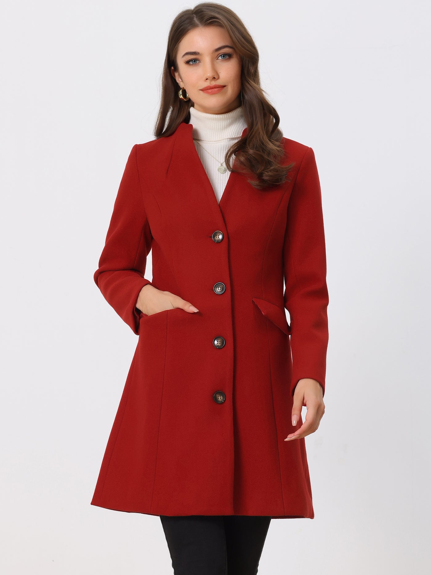 Allegra K Elegant Winter Overcoat V Neck Single Breasted Long Coat