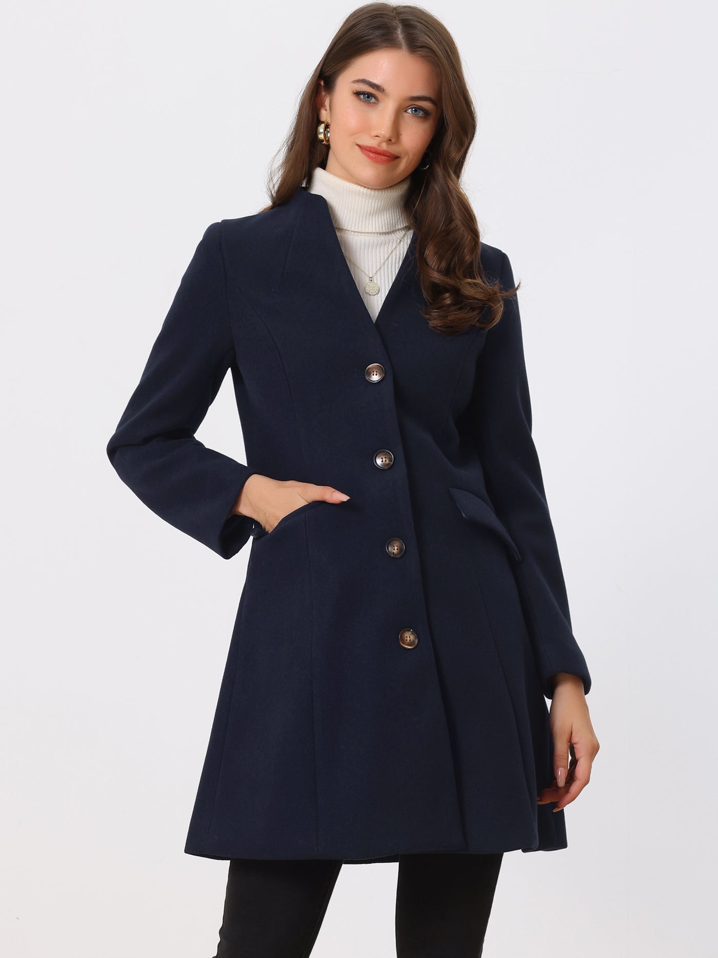 Allegra K Elegant Winter Overcoat V Neck Single Breasted Long Coat