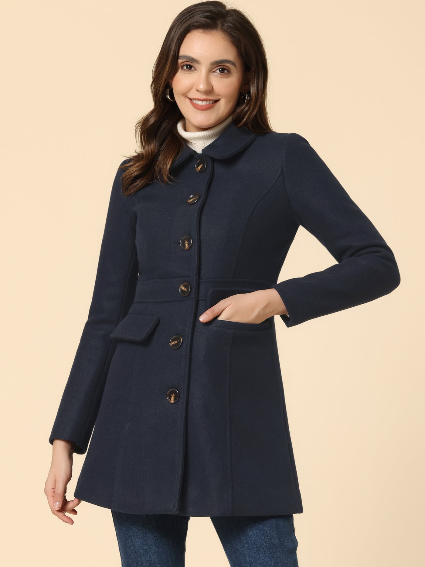 Allegra K Peter Pan Collar Flap Pocket Single Breasted Button Long Coat