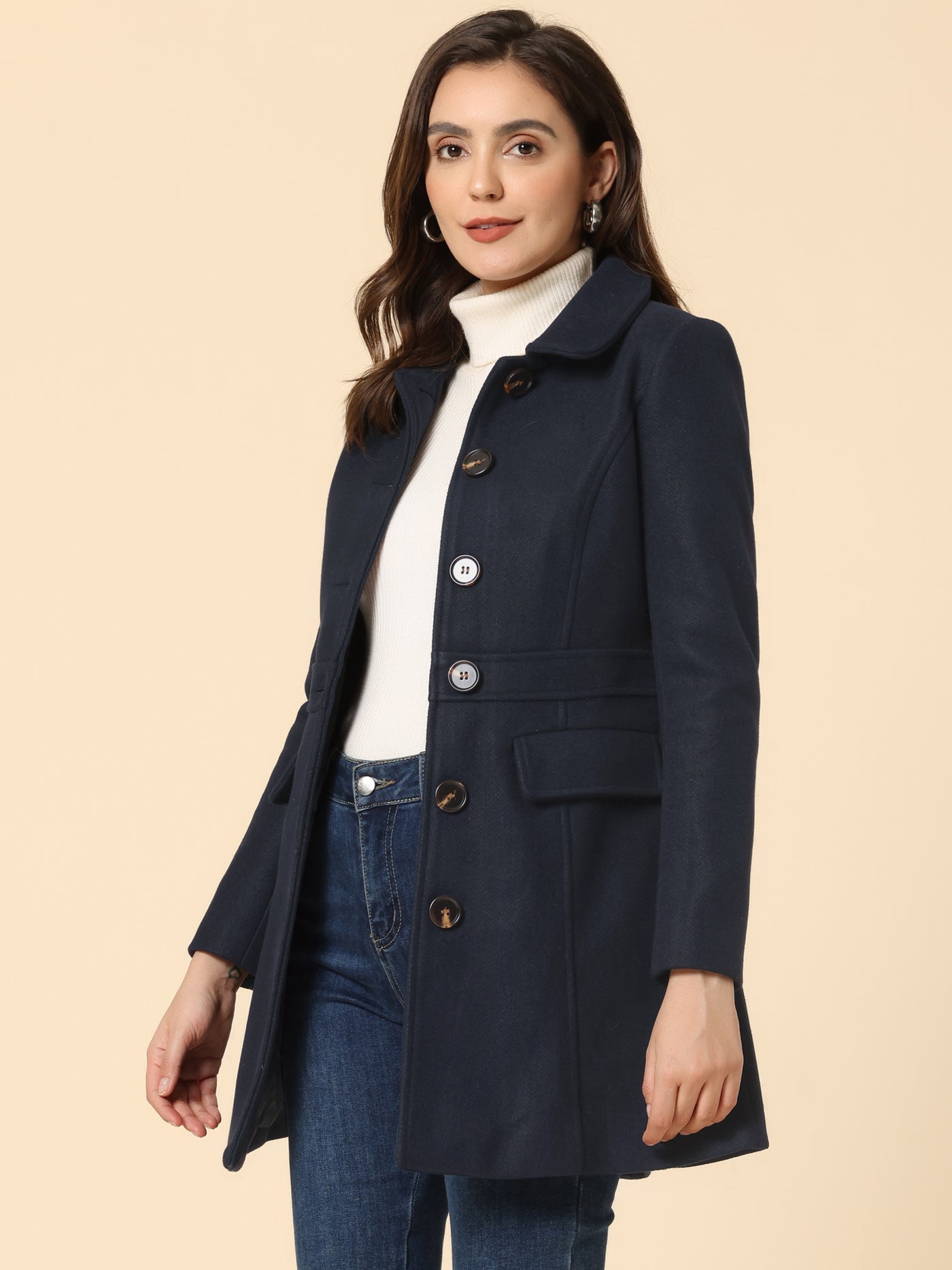 Allegra K Peter Pan Collar Flap Pocket Single Breasted Button Long Coat