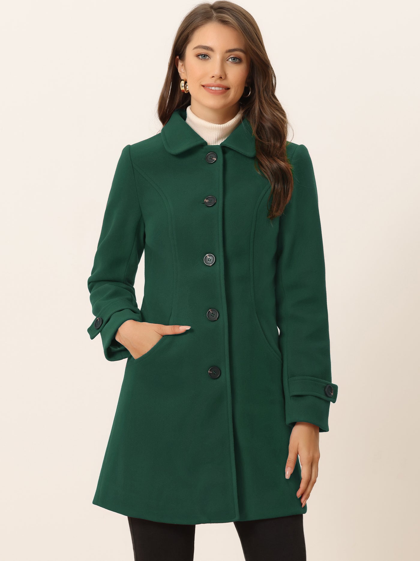 Allegra K Winter Peter Pan Collar Mid-thigh A-line Single Breasted Pea Coat