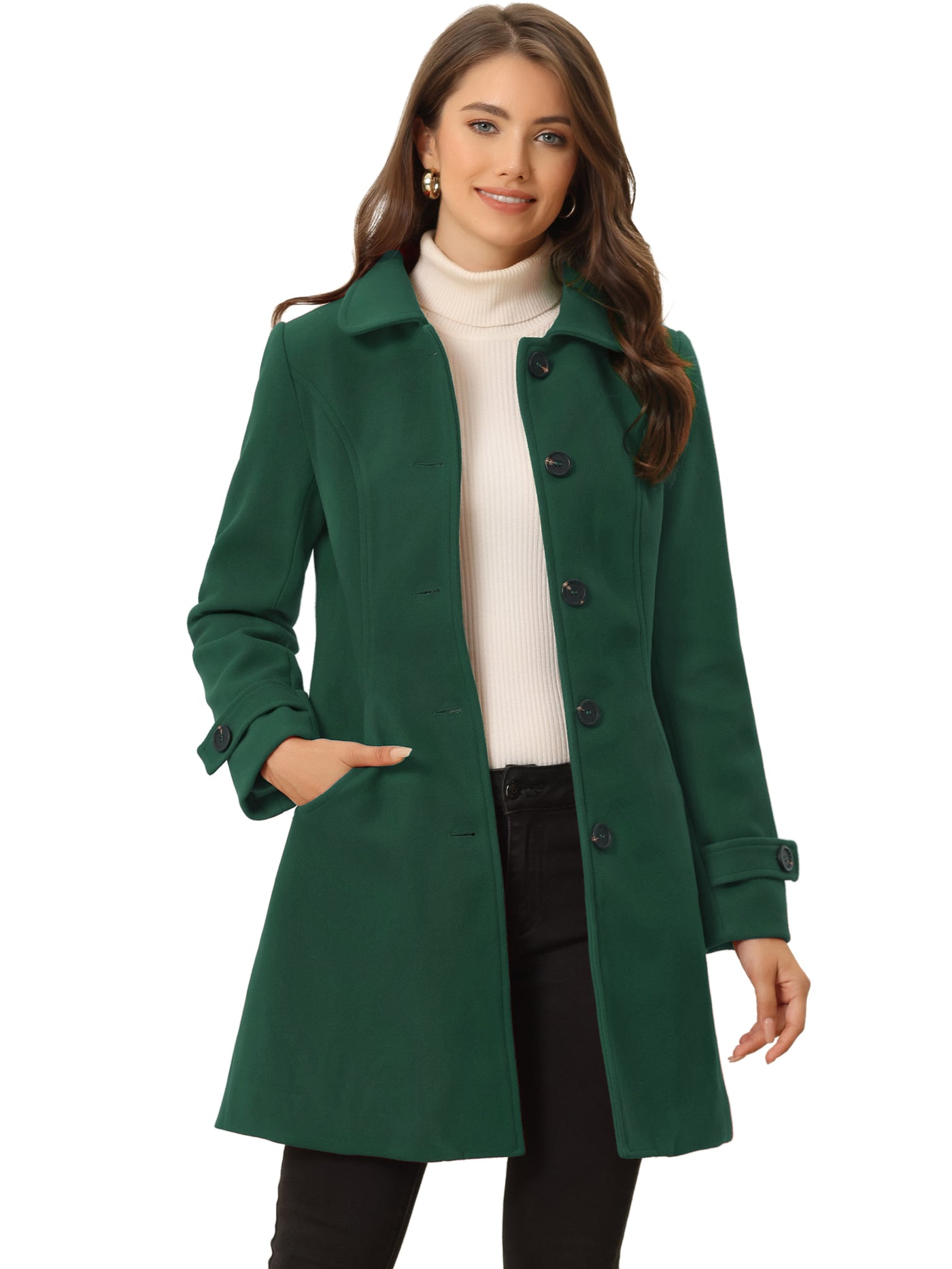 Allegra K Winter Peter Pan Collar Mid-thigh A-line Single Breasted Pea Coat