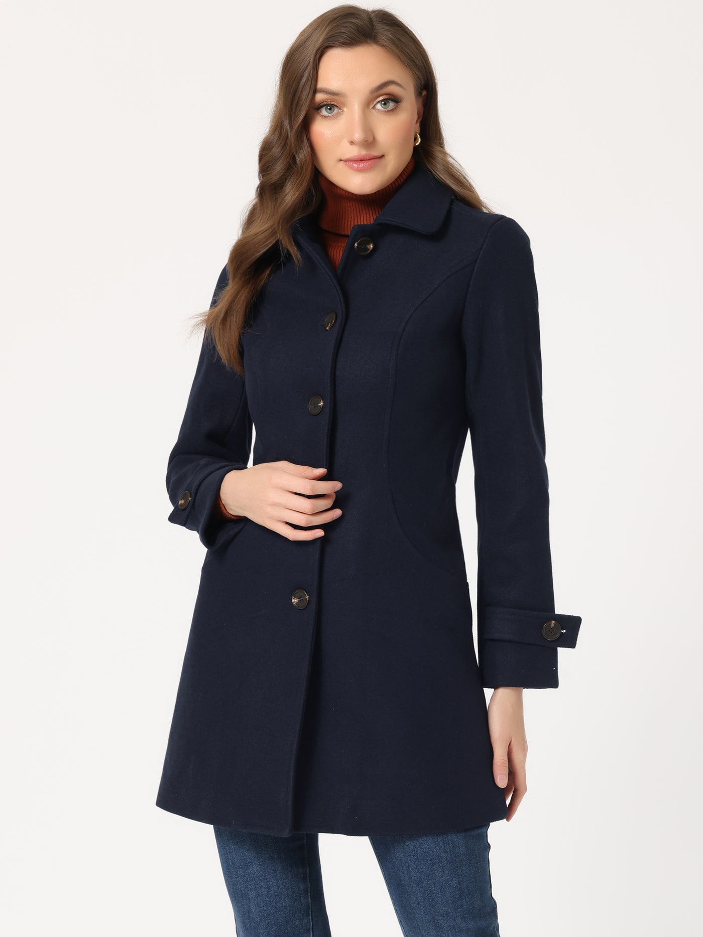 Allegra K Winter Peter Pan Collar Mid-thigh A-line Single Breasted Pea Coat