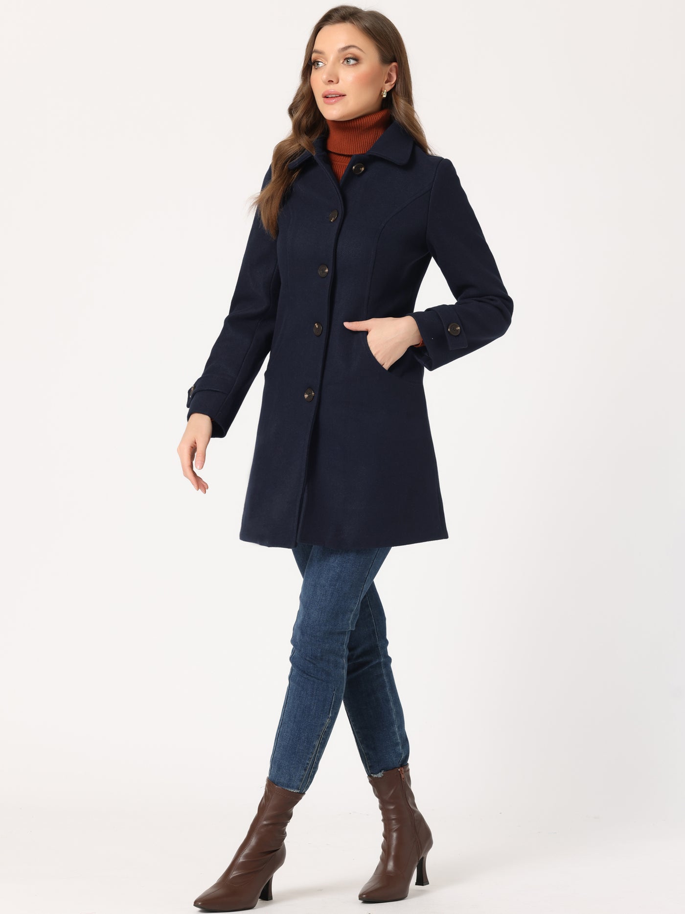 Allegra K Winter Peter Pan Collar Mid-thigh A-line Single Breasted Pea Coat