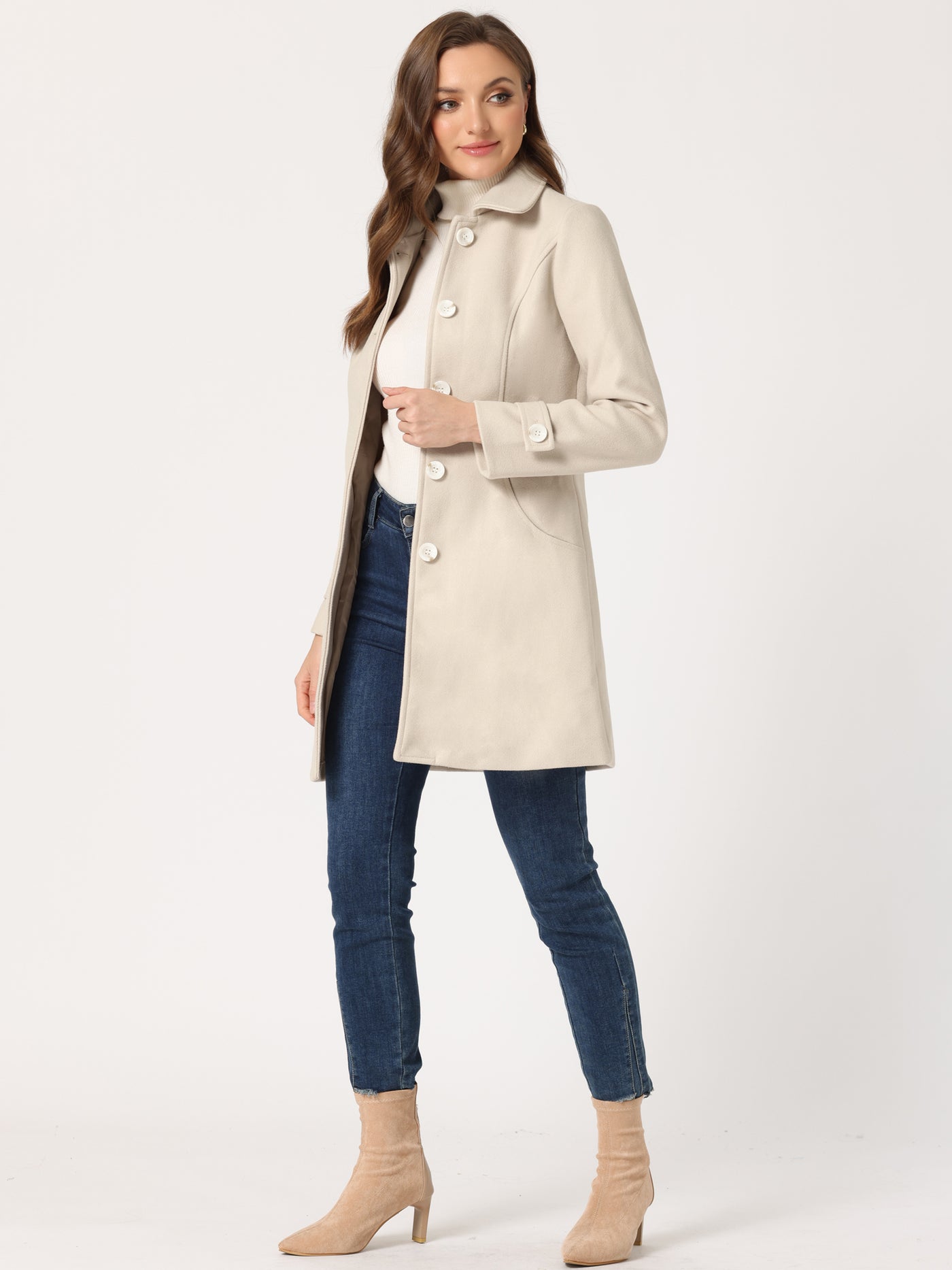 Allegra K Winter Peter Pan Collar Mid-thigh A-line Single Breasted Pea Coat