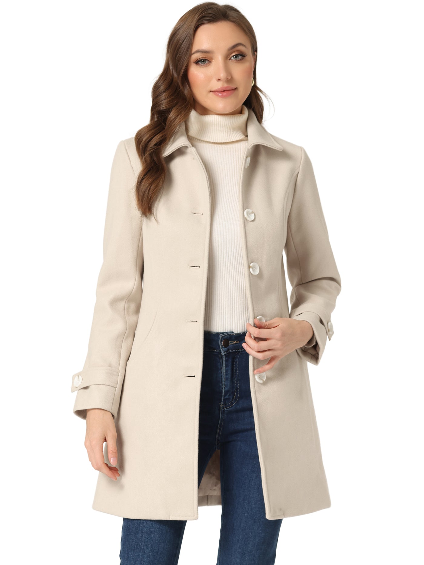 Allegra K Winter Peter Pan Collar Mid-thigh A-line Single Breasted Pea Coat