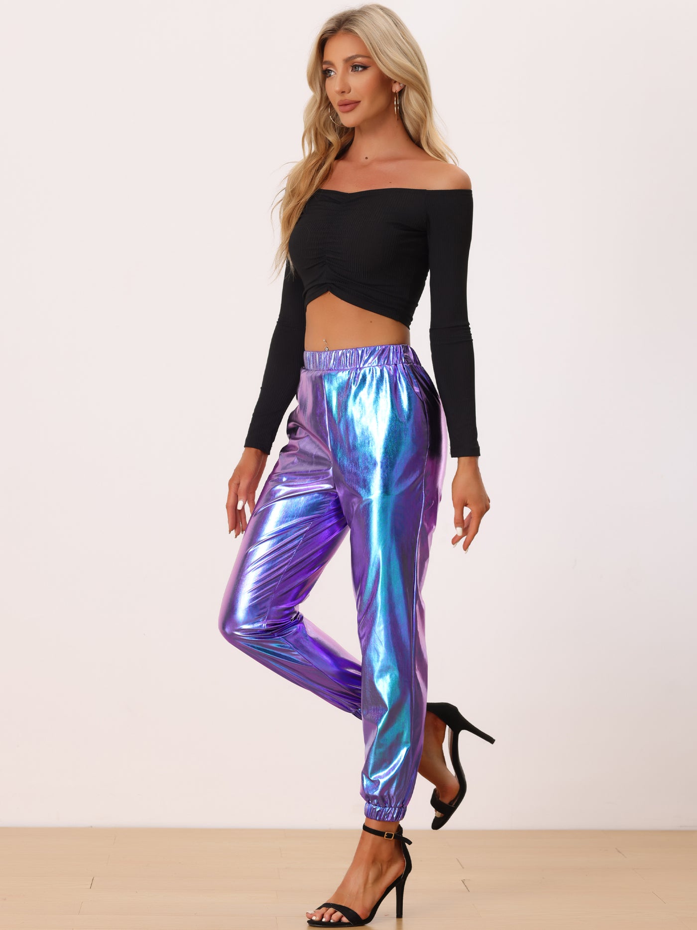 Allegra K Women's Metallic Shiny Sparkle Elastic Waist Holographic Pants  Gold Small