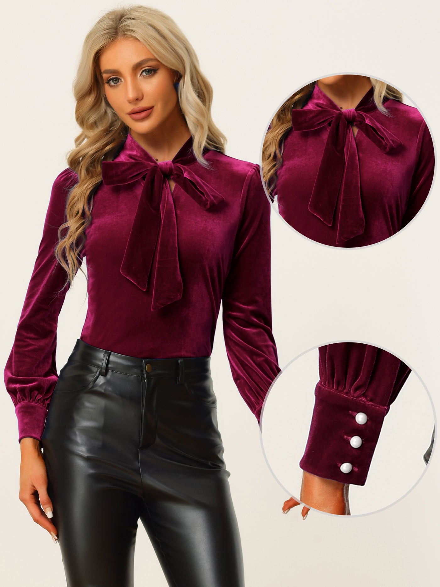Allegra K Vintage Gothic Velvet Dressy Bow Tie Neck Business Work Shirt