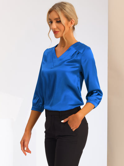 Allegra K Casual Office Blouse 3/4 Sleeve V Neck Satin Shirt