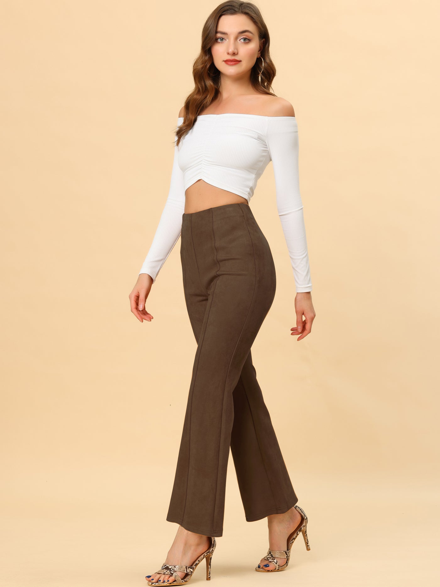 Allegra K Faux Suede Wide Leg Casual Business Flared Bell Pants
