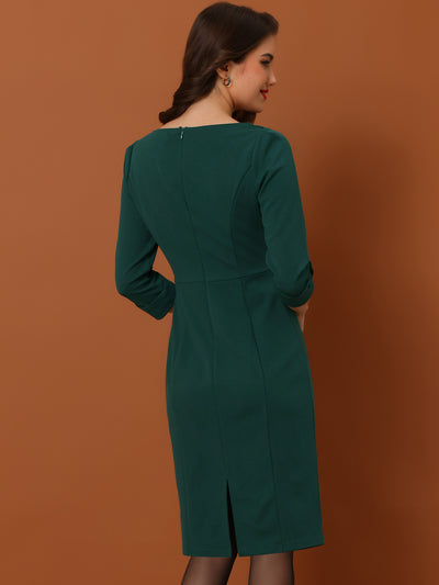 3/4 Sleeve Notch Neck Slim Fit Work Pencil Midi Dress