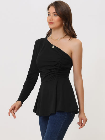 One Shoulder Long Sleeve Ruched Peplum Solid Blouse