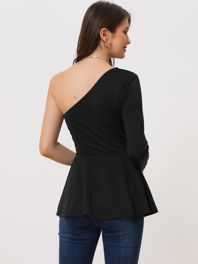 One Shoulder Long Sleeve Ruched Peplum Solid Blouse