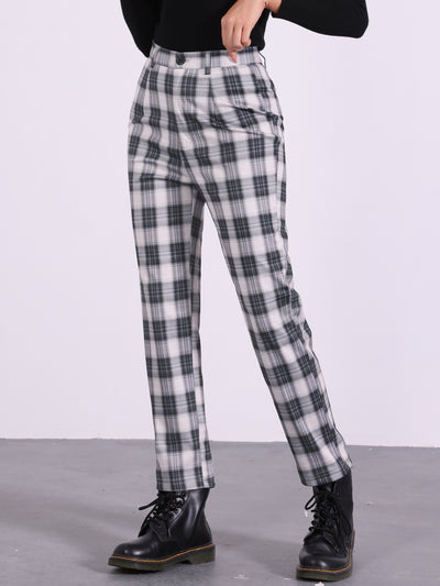 Plaid Cropped Trousers Button Casual Tartan Check Work Pants