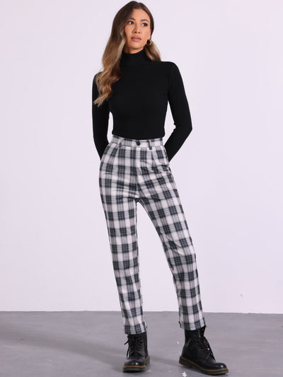 Plaid Cropped Trousers Button Casual Tartan Check Work Pants