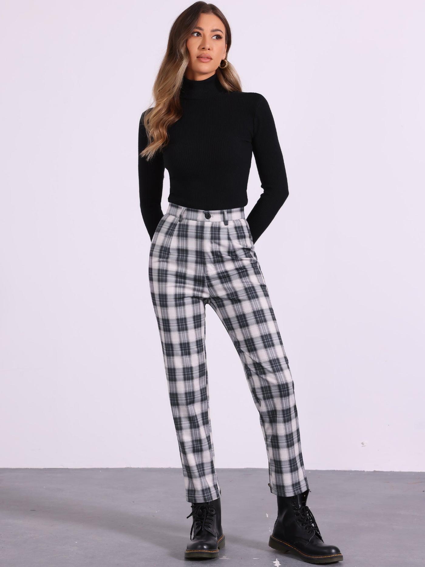 Allegra K Plaid Cropped Trousers Button Casual Tartan Check Work Pants