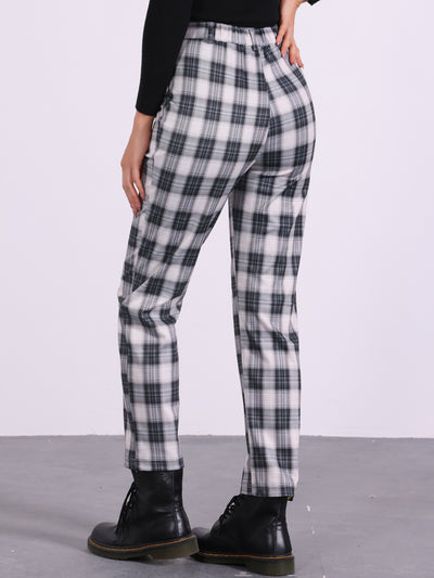 Plaid Cropped Trousers Button Casual Tartan Check Work Pants