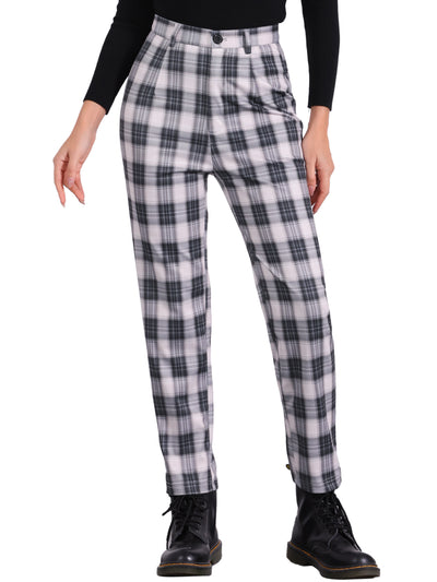 Plaid Cropped Trousers Button Casual Tartan Check Work Pants