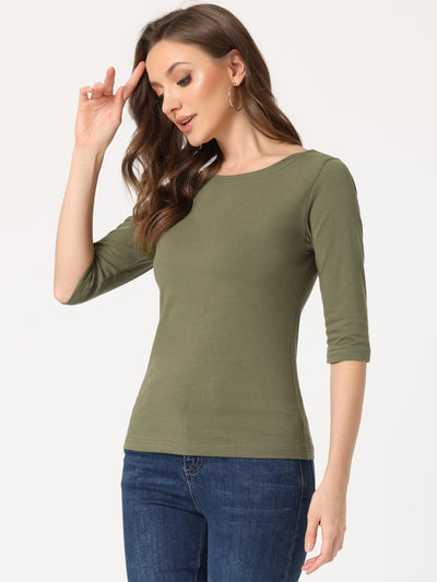 Casual Basic Boat Neck Elbow Sleeve Solid T-shirt