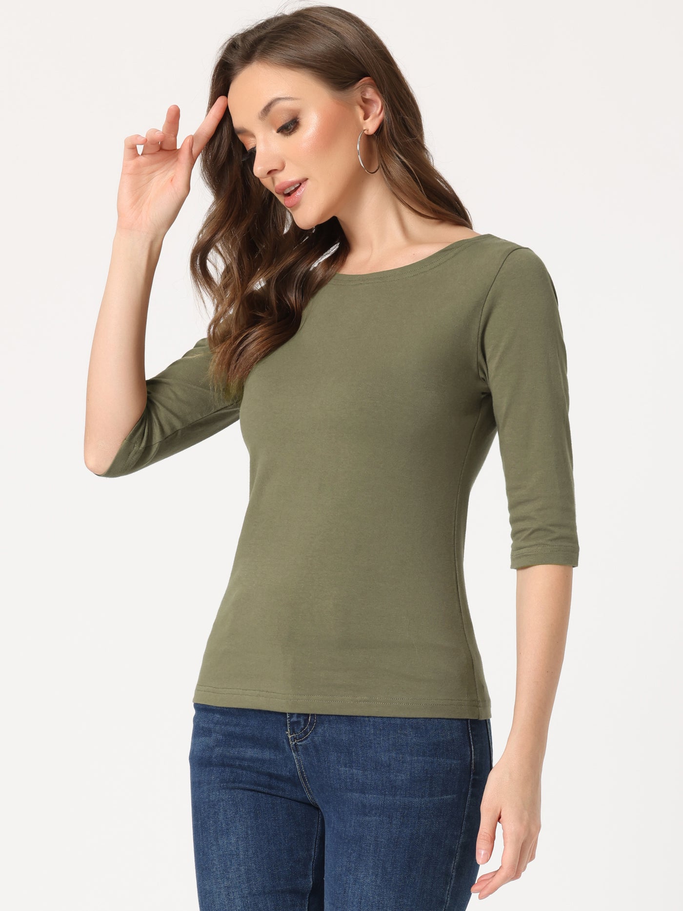 Allegra K Casual Basic Boat Neck Elbow Sleeve Solid T-shirt