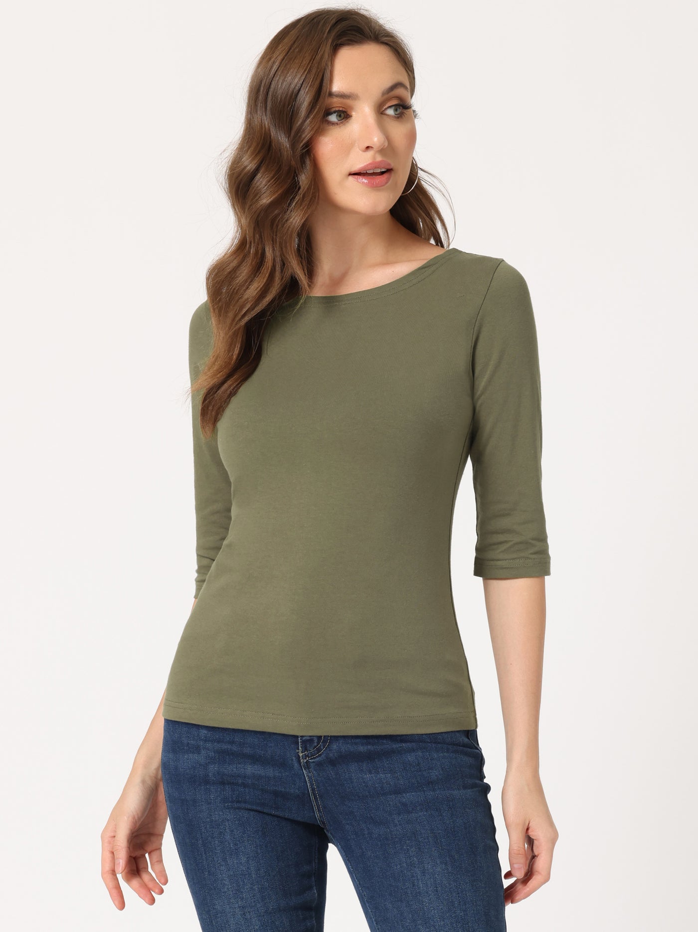 Allegra K Casual Basic Boat Neck 3/4 Sleeve Solid T-shirt