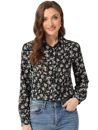 Button Down Floral Long Sleeve Point Collar Blouse