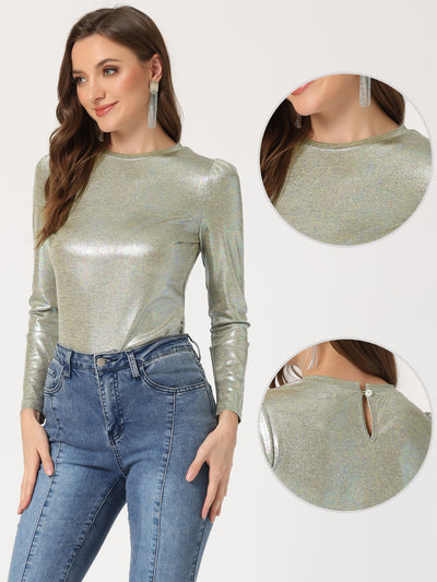 Long Sleeve Sparkly Party Glitter Shiny Metallic Blouse