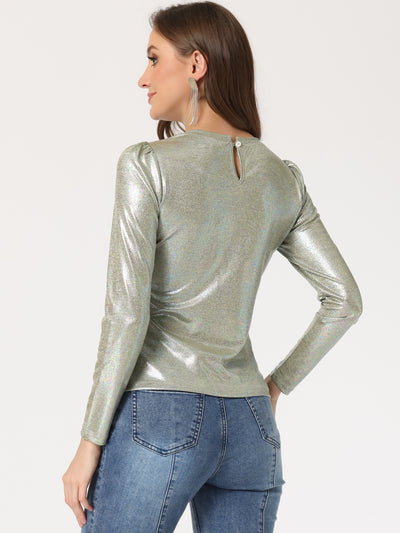 Long Sleeve Sparkly Party Glitter Shiny Metallic Blouse