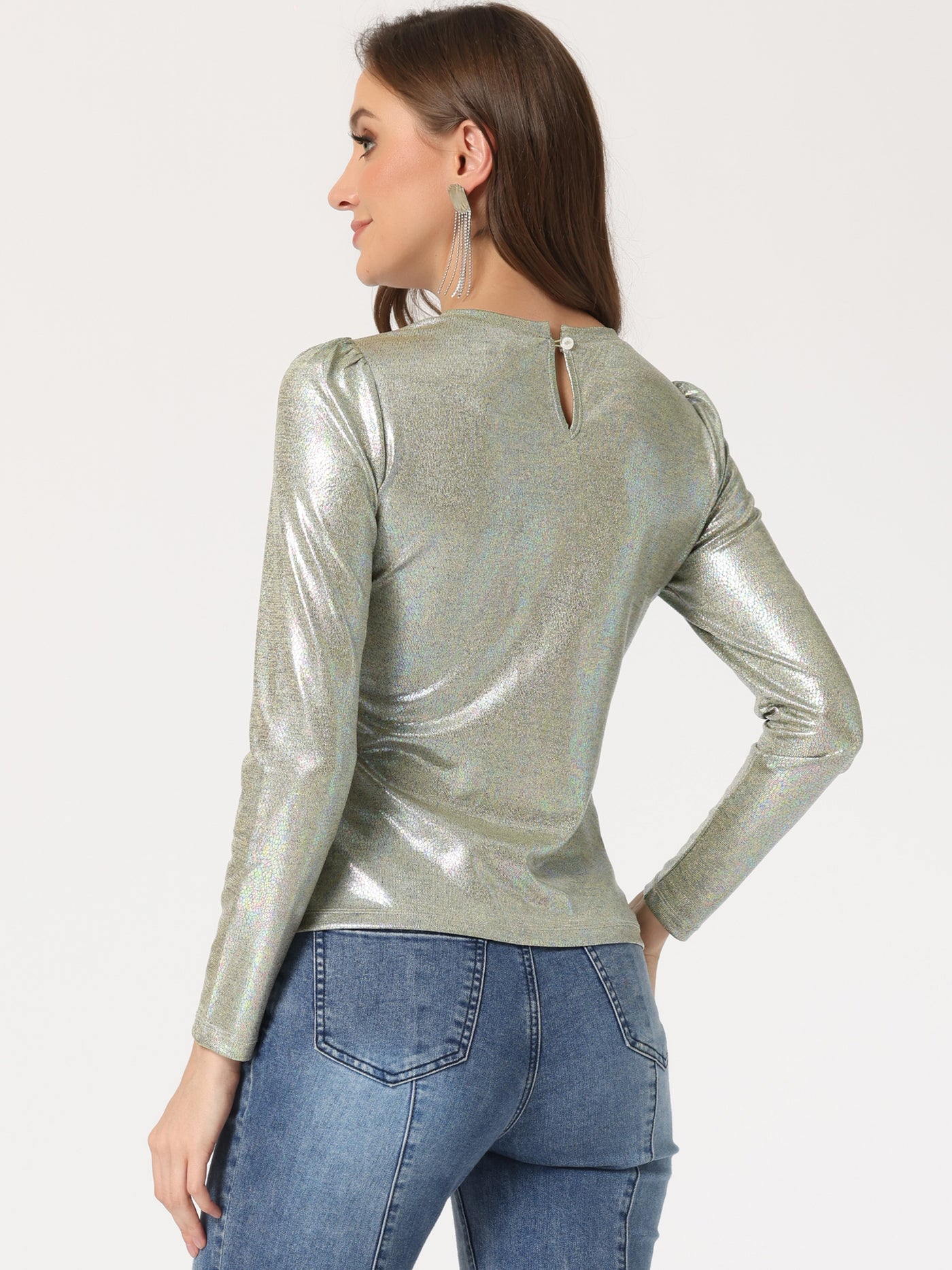 Allegra K Long Sleeve Sparkly Party Glitter Shiny Metallic Blouse