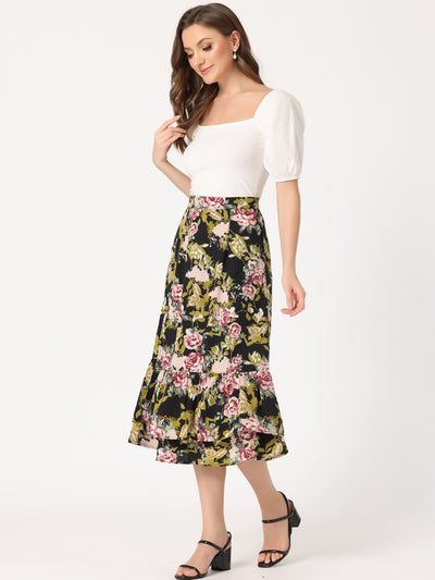 Printed Chiffon Elastic Waist Ruffle Tiered Flowy Midi Skirt