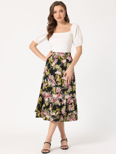 Printed Chiffon Elastic Waist Ruffle Tiered Flowy Midi Skirt