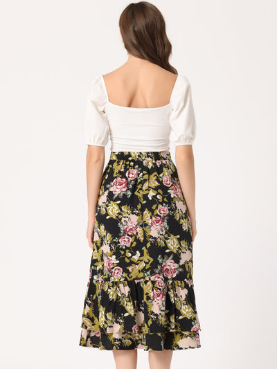 Printed Chiffon Elastic Waist Ruffle Tiered Flowy Midi Skirt