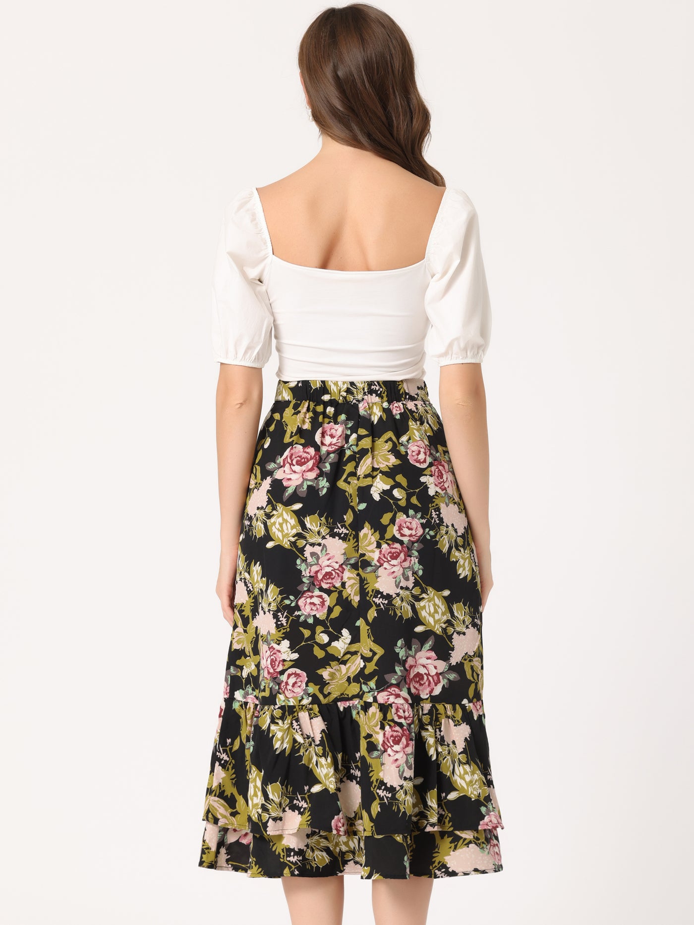 Allegra K Printed Chiffon Elastic Waist Ruffle Tiered Flowy Midi Skirt