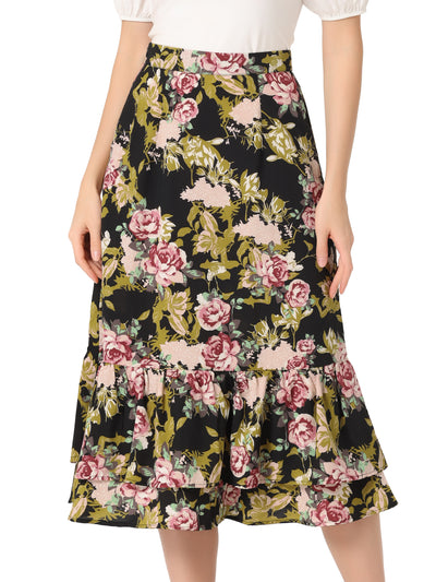 Printed Chiffon Elastic Waist Ruffle Tiered Flowy Midi Skirt