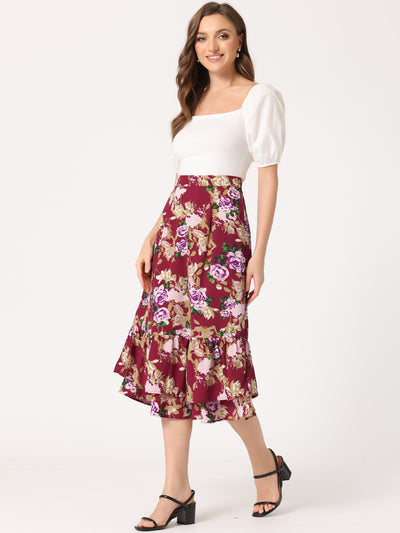 Printed Chiffon Elastic Waist Ruffle Tiered Flowy Midi Skirt