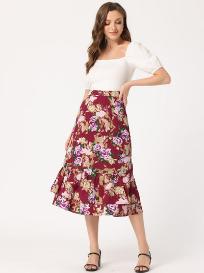 Printed Chiffon Elastic Waist Ruffle Tiered Flowy Midi Skirt