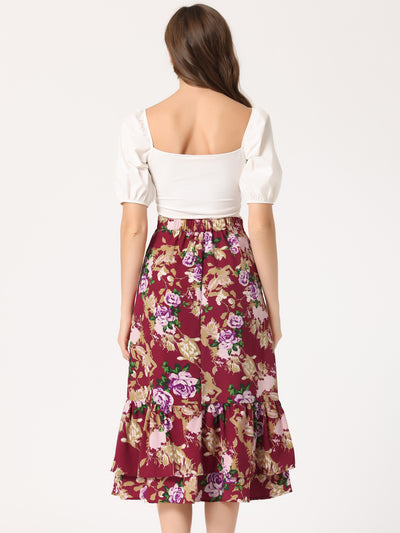 Printed Chiffon Elastic Waist Ruffle Tiered Flowy Midi Skirt