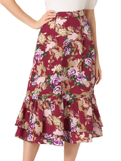 Printed Chiffon Elastic Waist Ruffle Tiered Flowy Midi Skirt