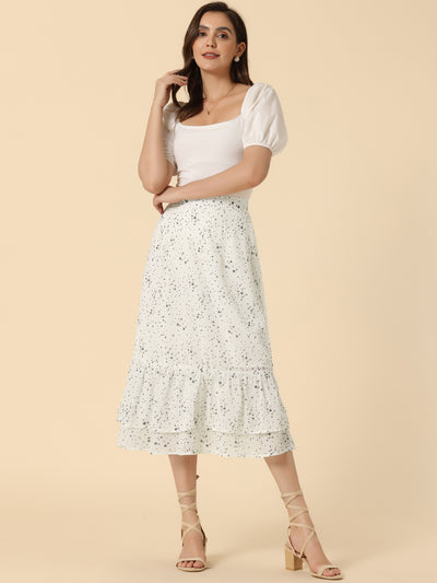 Printed Chiffon Elastic Waist Ruffle Tiered Flowy Midi Skirt