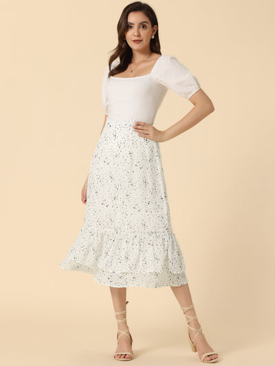 Printed Chiffon Elastic Waist Ruffle Tiered Flowy Midi Skirt