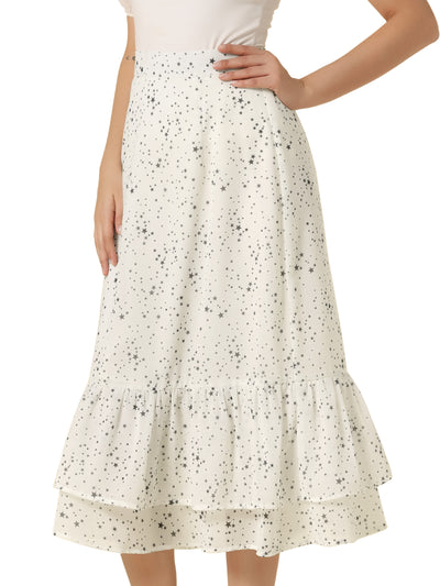 Printed Chiffon Elastic Waist Ruffle Tiered Flowy Midi Skirt