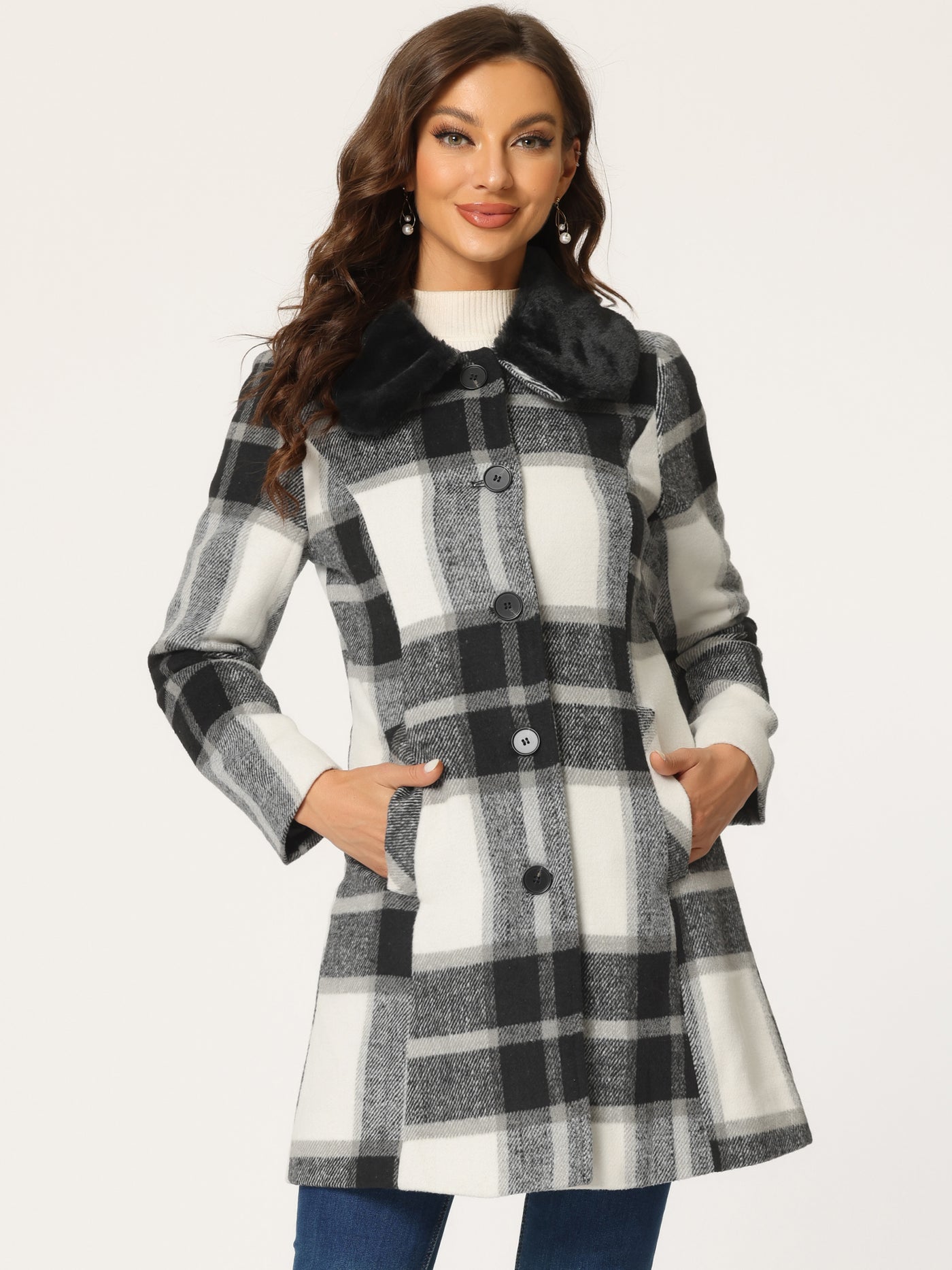 Allegra K Buffalo Checks Winter Peter Pan Collar Long Plaid Coat