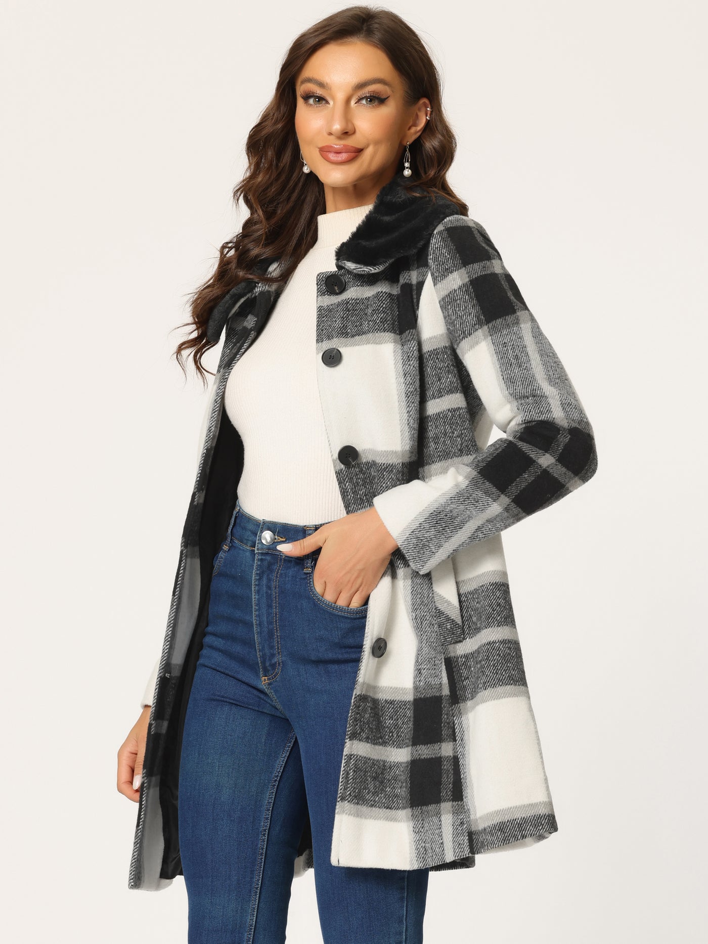 Allegra K Buffalo Checks Winter Peter Pan Collar Long Plaid Coat