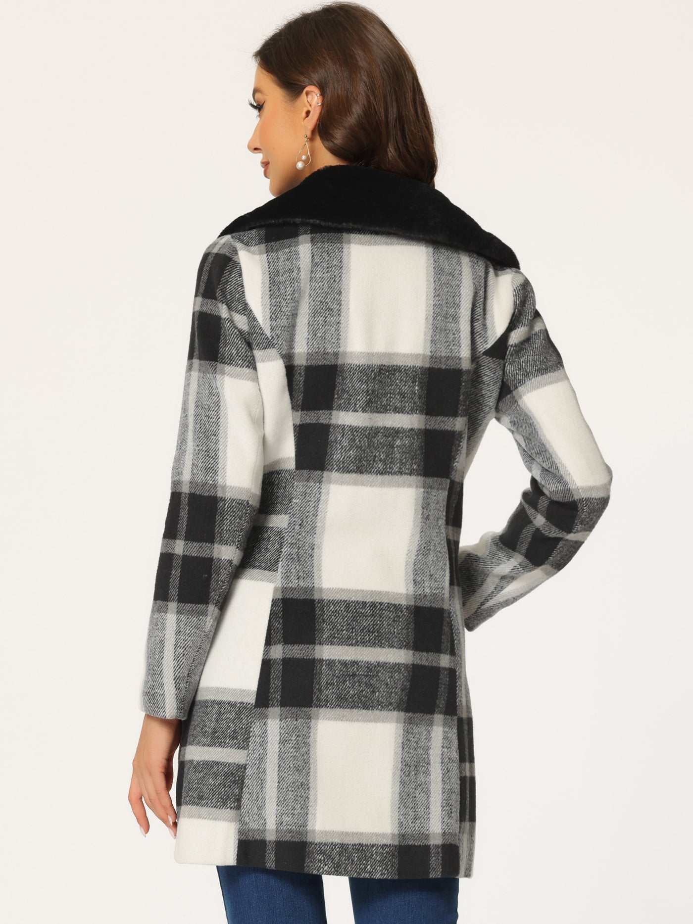 Allegra K Buffalo Checks Winter Peter Pan Collar Long Plaid Coat