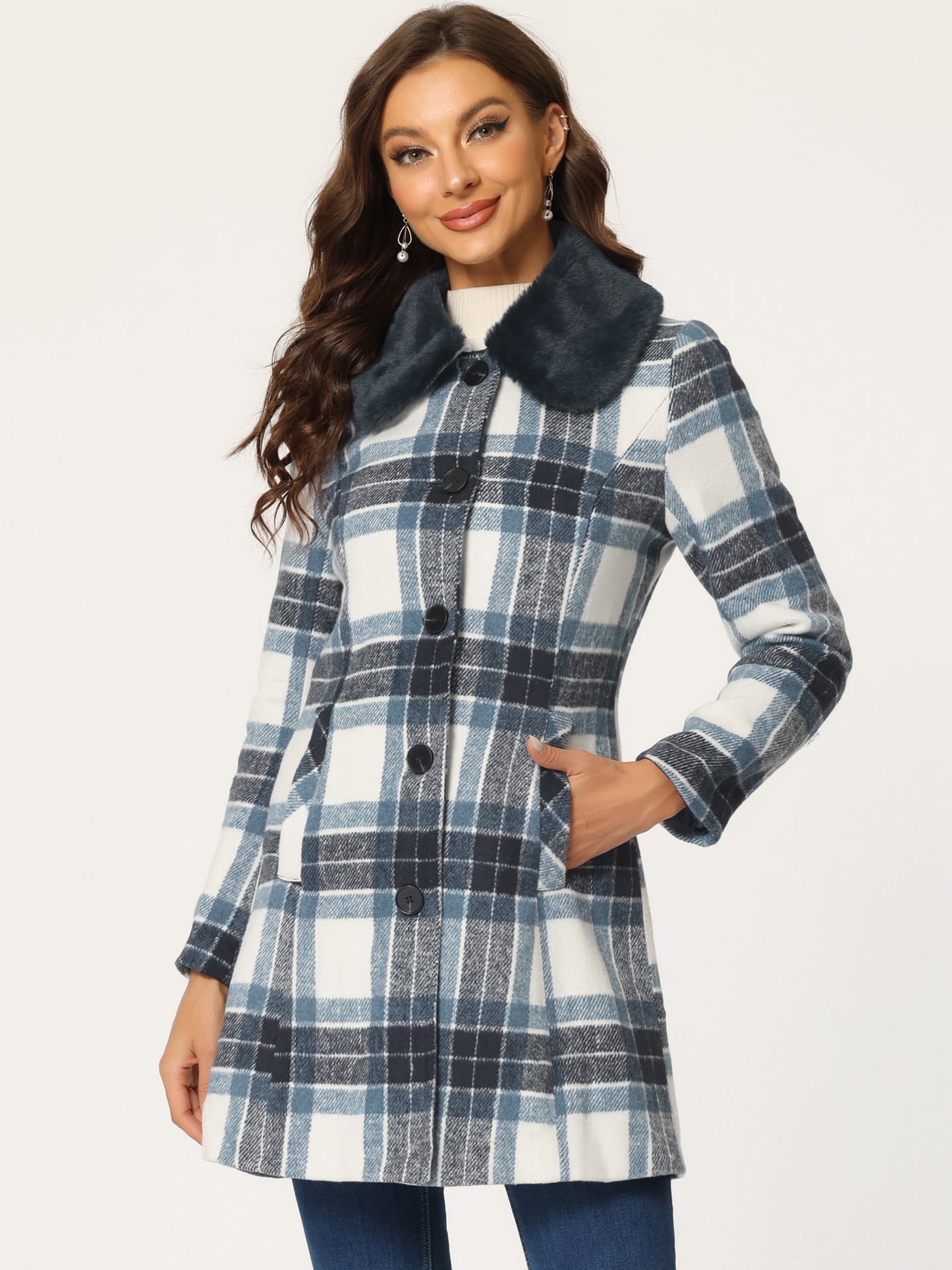 Allegra K Buffalo Checks Winter Peter Pan Collar Long Plaid Coat