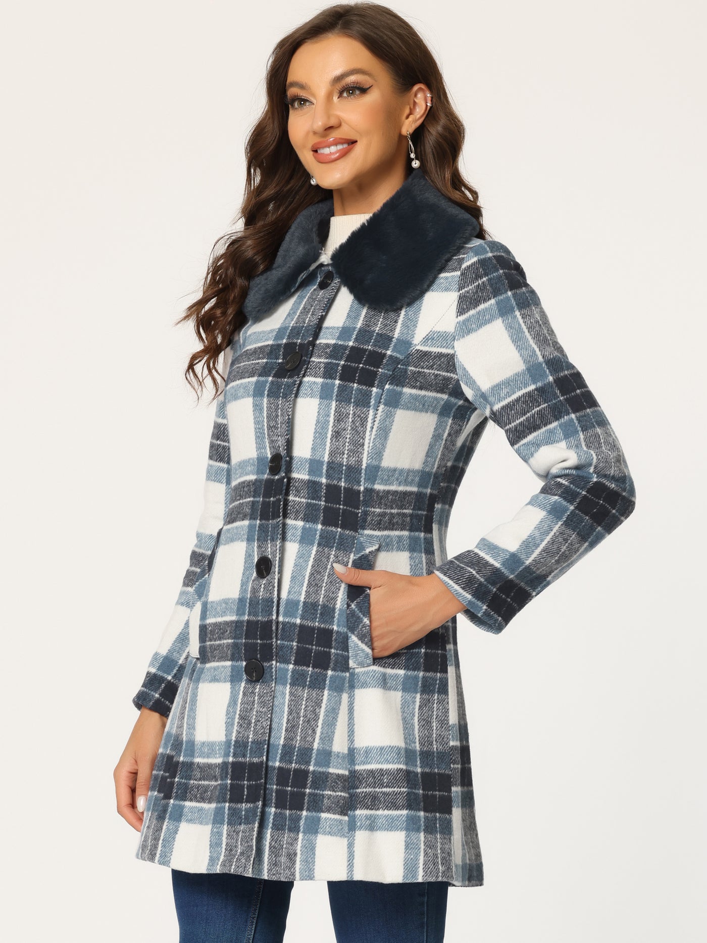 Allegra K Buffalo Checks Winter Peter Pan Collar Long Plaid Coat