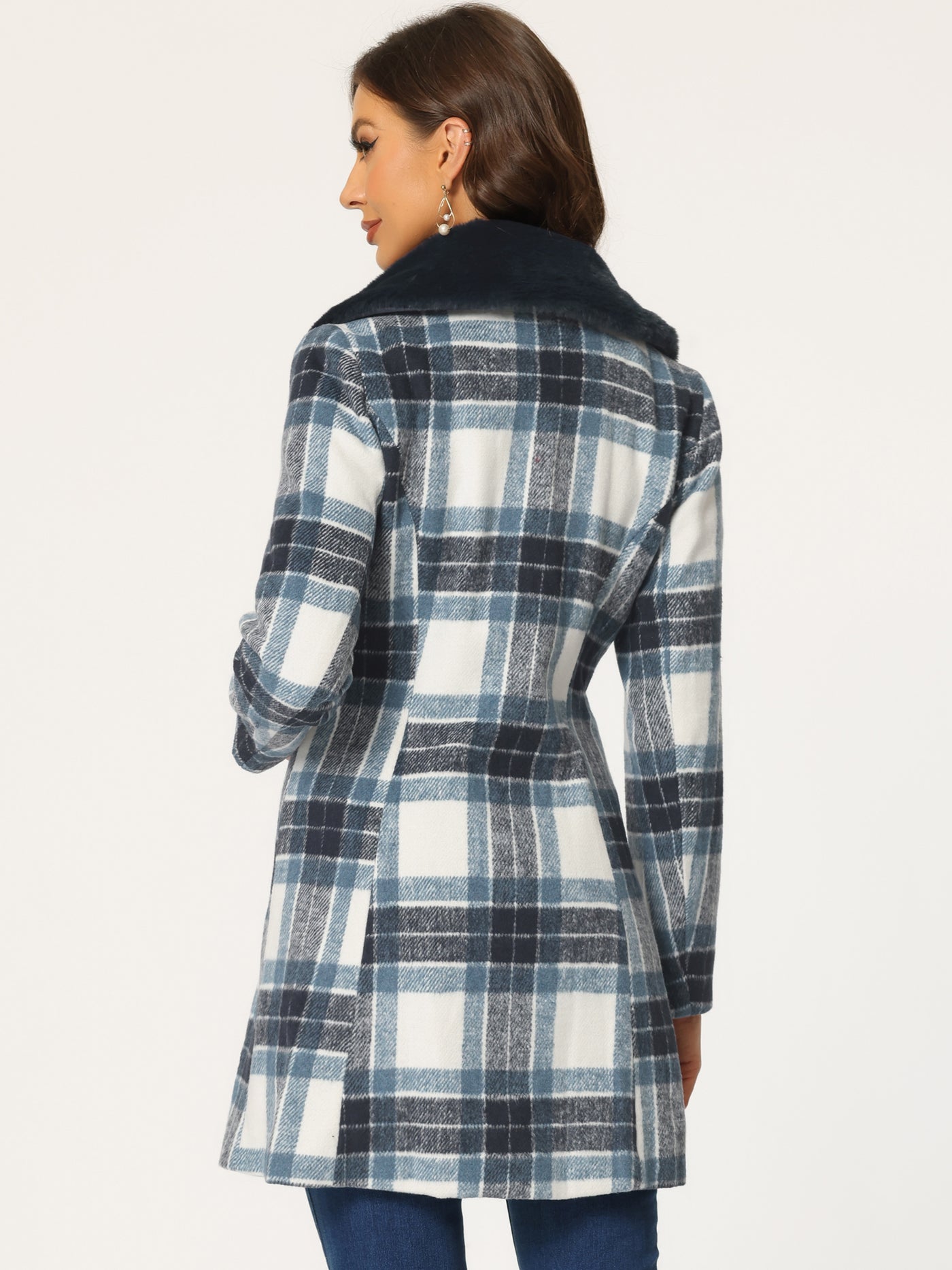 Allegra K Buffalo Checks Winter Peter Pan Collar Long Plaid Coat