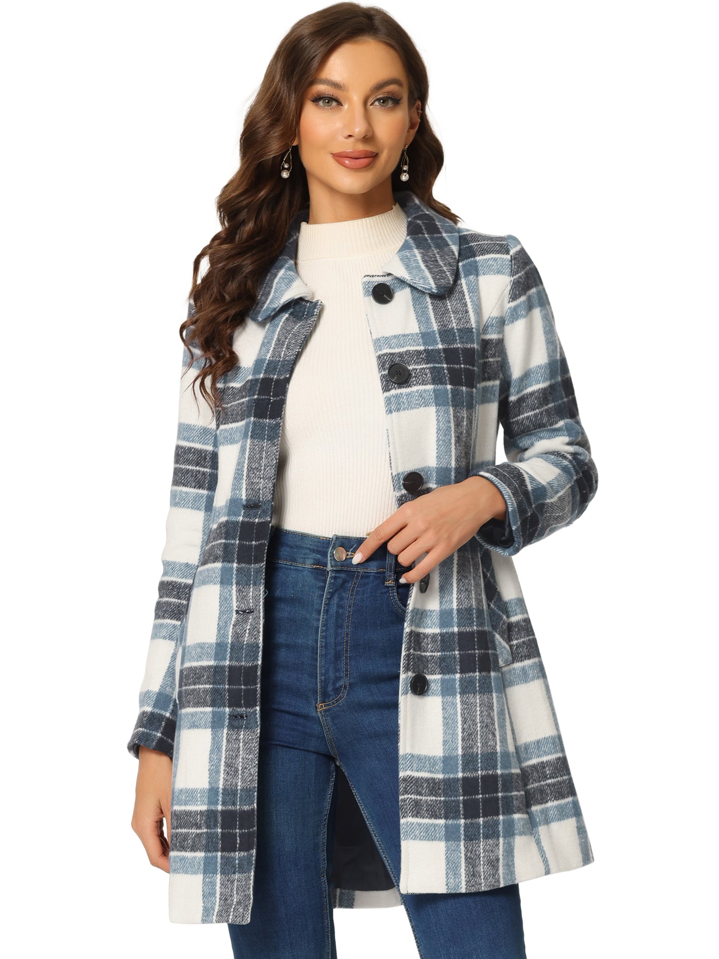 Allegra K Buffalo Checks Winter Peter Pan Collar Long Plaid Coat